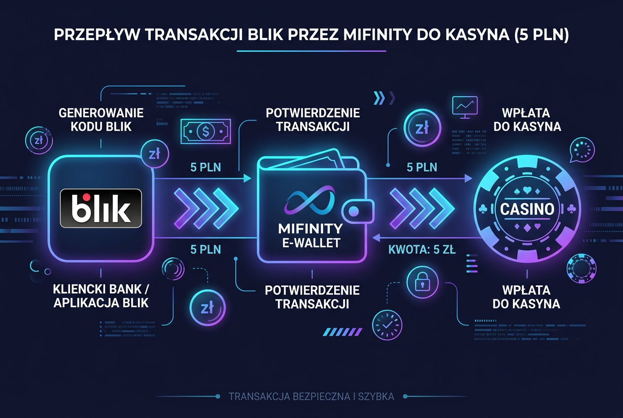 Diagram przedstawiający proces płatności BLIK przez portfel MiFinity do kasyna online