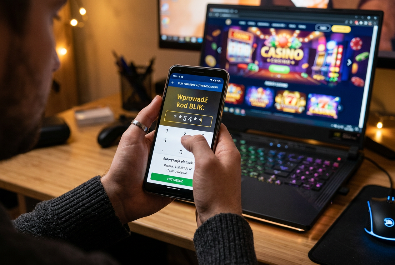 Smartfon z kodem BLIK gotowym do autoryzacji depozytu w kasynie online.