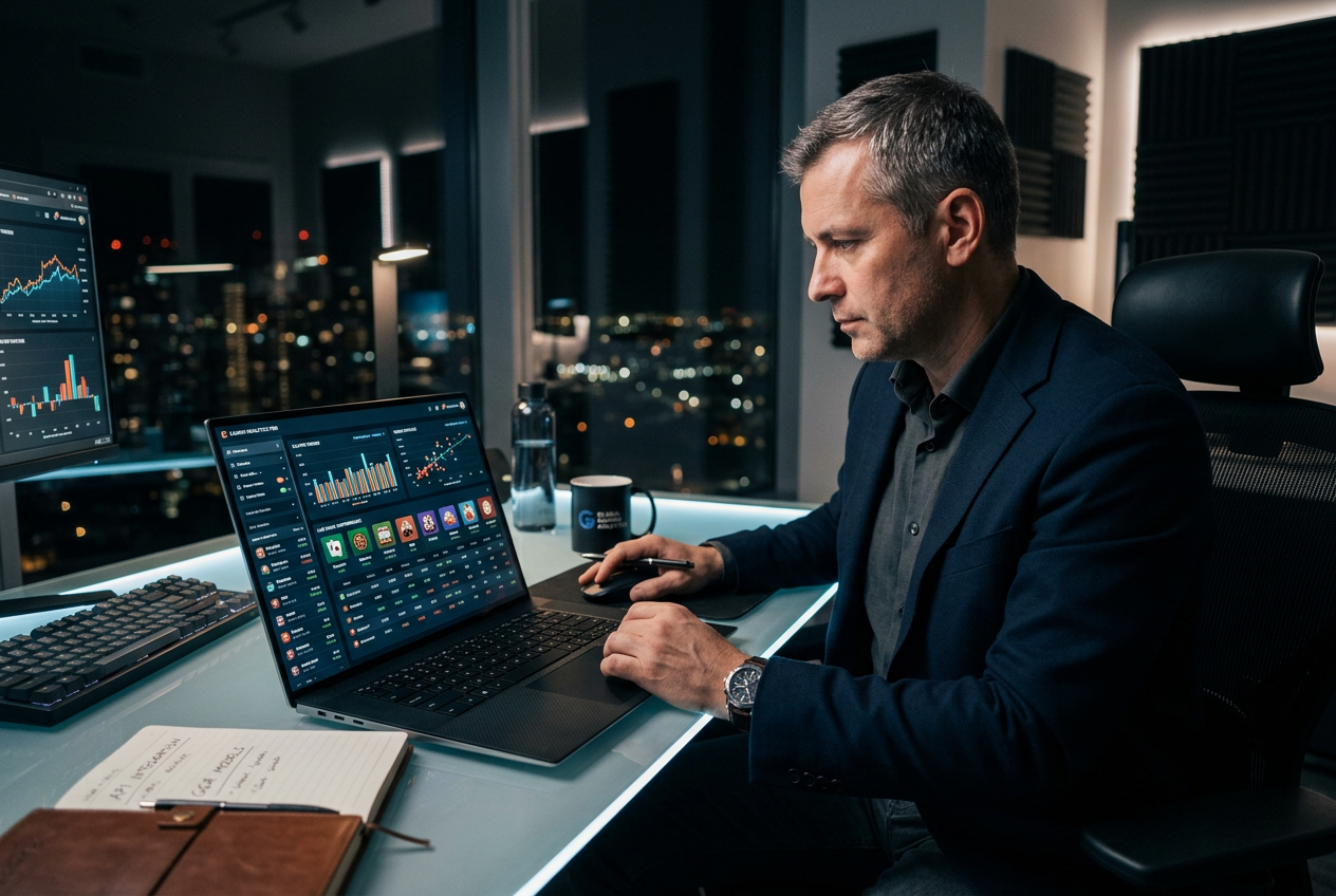 Profesjonalista analizuje dane kasyna na laptopie w biurze high-tech