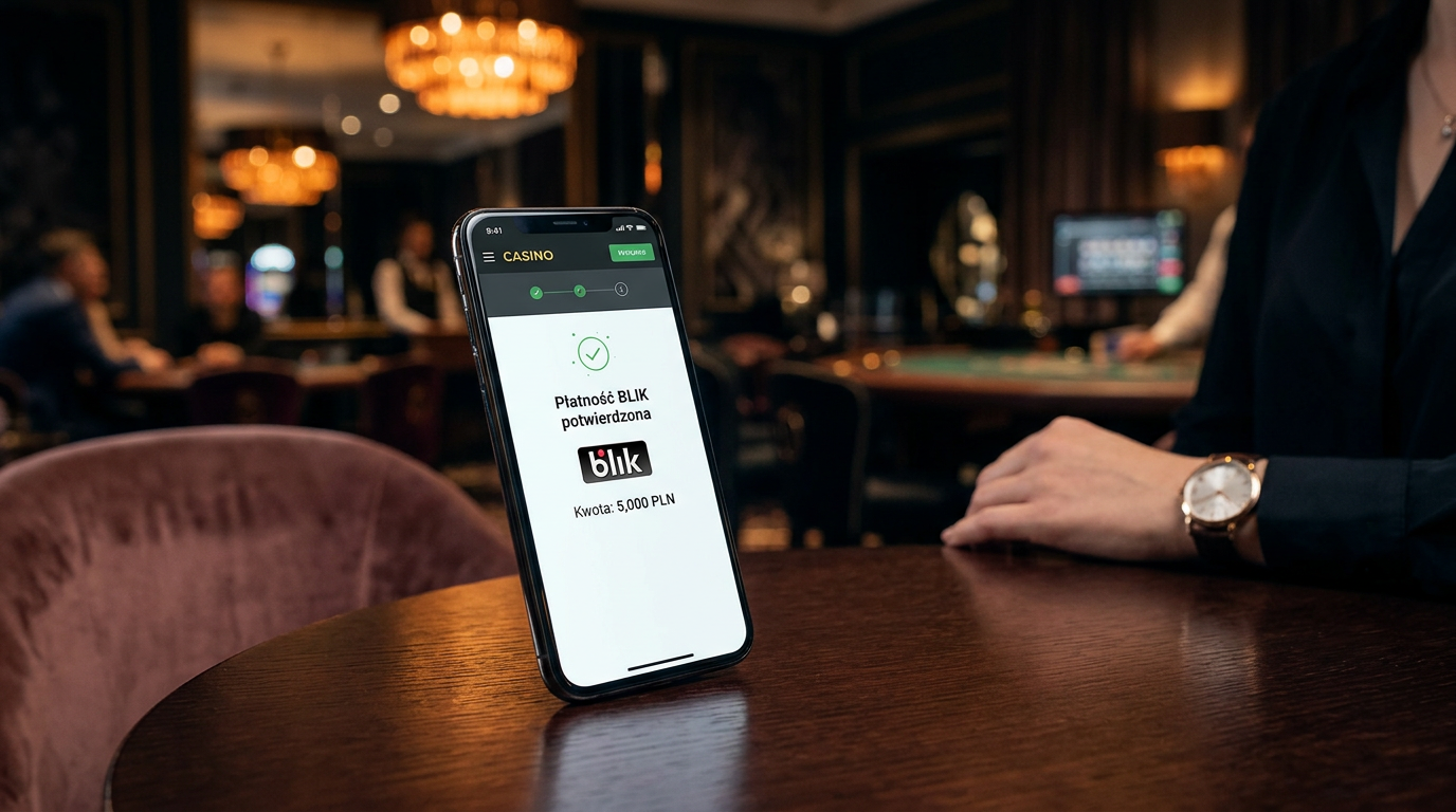 Smartfon wyświetlający płatność BLIK 5 PLN w kasynie online