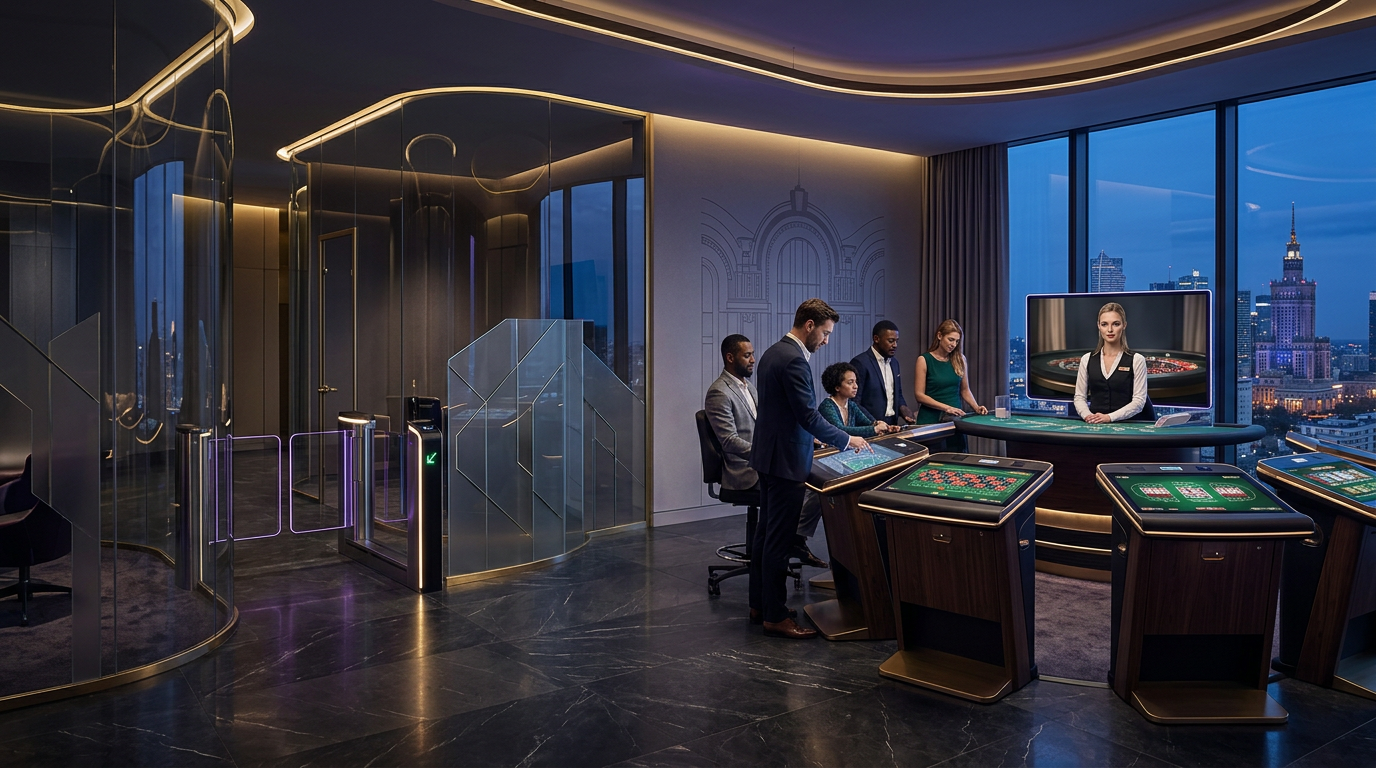 Futuristic online casino lounge with holographic displays and high-end gaming technology in 2026