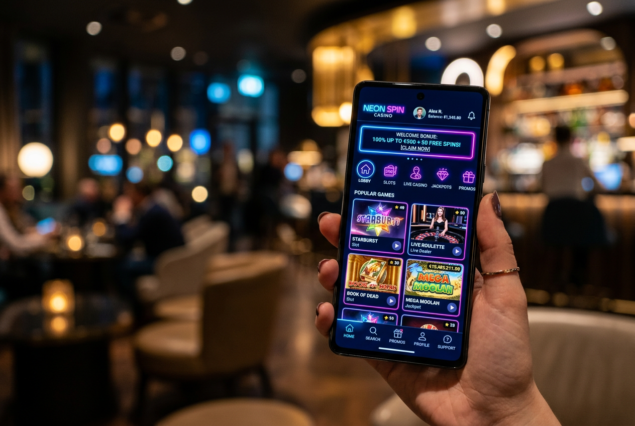 Nowoczesny interfejs kasyna na smartfonie z trybem ciemnym i neonowymi akcentami