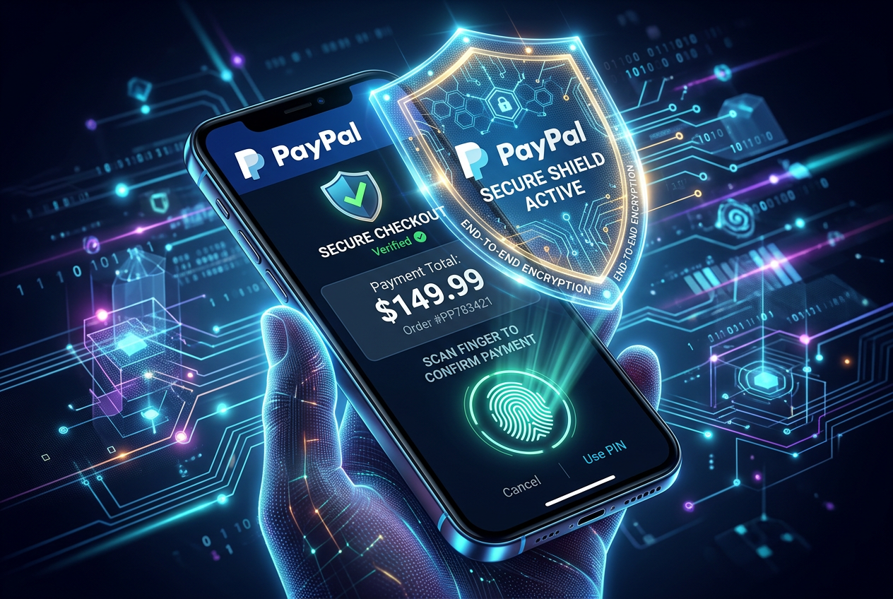 Modern digital illustration of a secure e-wallet transaction with biometric authentication